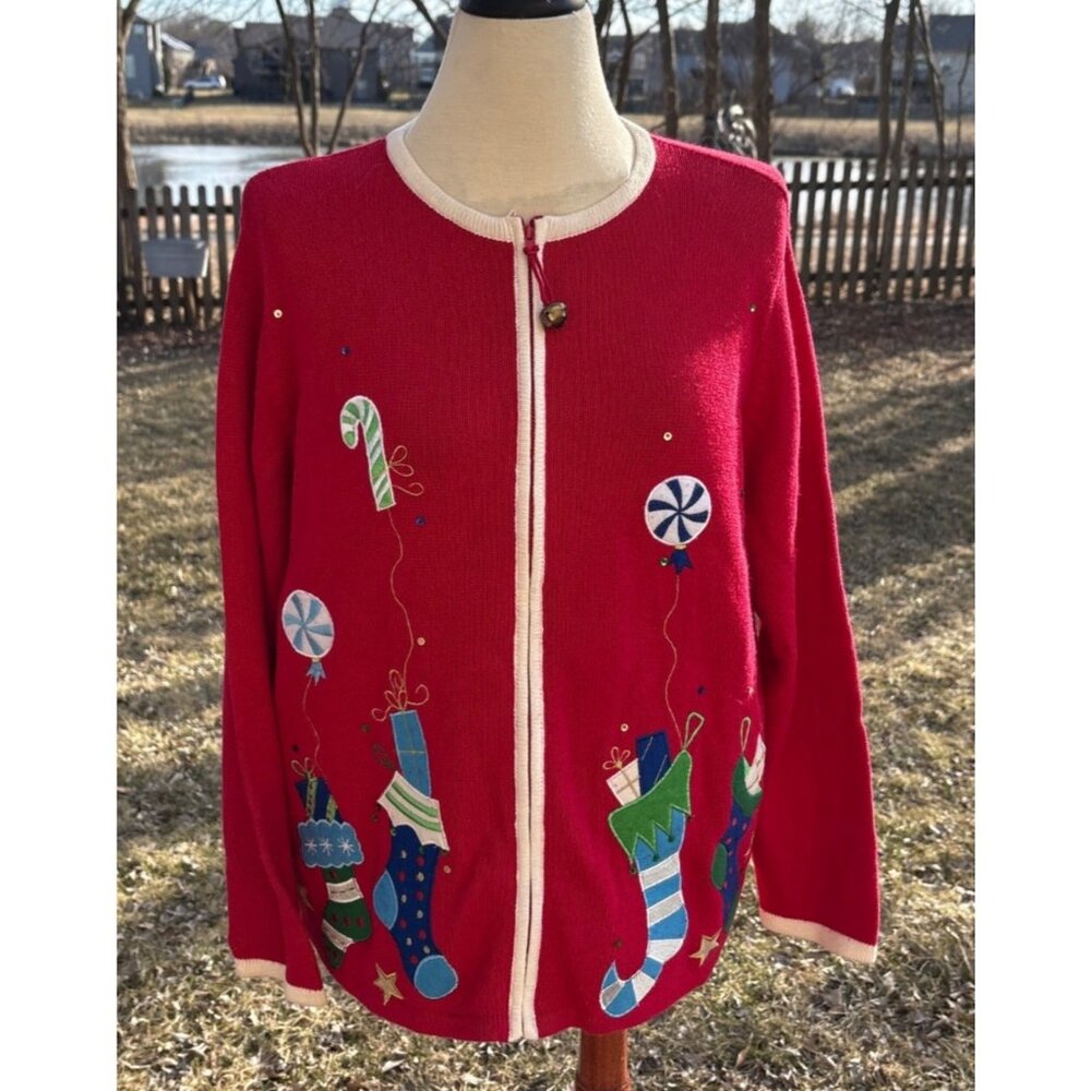 Christmas Red Cardigan Sweater Size 1X Stocking Candy Cane Women Holiday Party